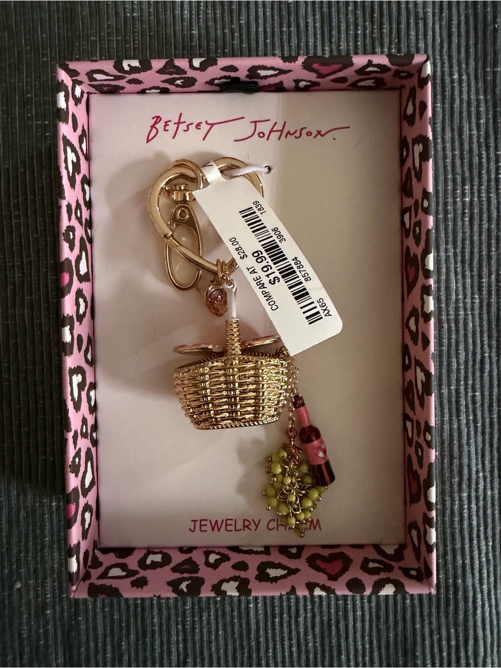 Betsey Johnson Gold Basket Charm Keychain with Pink & Green Accents